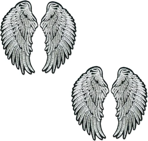 2 pares de alas de ángel plateadas bordadas para coser planchar en tela, parches de reparación para ropa, jeans, chaquetas, sombreros, zapatos, 4