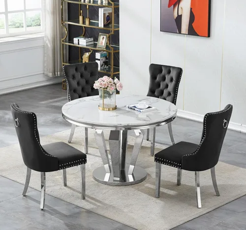 Miniatura 27 de Henf Juego de mesa de comedor redonda de mármol para 6, moderna mesa de comedor de 45 pulgadas con base de acero inoxidable con diseño de diamante