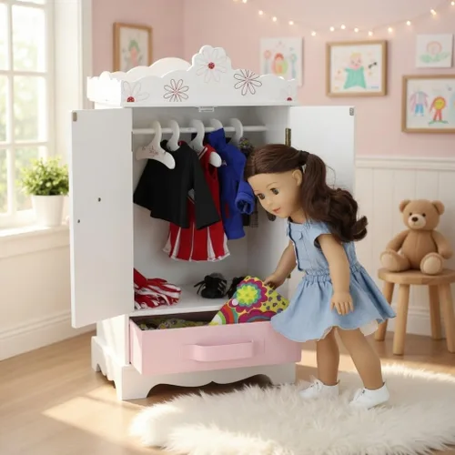 Miniatura 6 de Armario grande de 18 pulgadas, se adapta a las muñecas American Girl de 18 pulgadas, diseño floral con perchas de madera incluidas