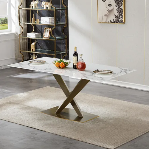Miniatura 25 de Mesa de comedor de cristal de 51 pulgadas, mesa de comedor para 4-6, mesa de cocina dorada con patas de metal superior de vidrio templado