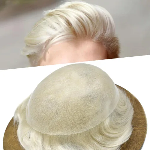 Miniatura 43 de Tupé de piel ultra fina para hombres pieza de cabello humano real sistema de reemplazo 0.002 in Mens Toupee Hairpiece para hombres V-Loop 8x10 80%