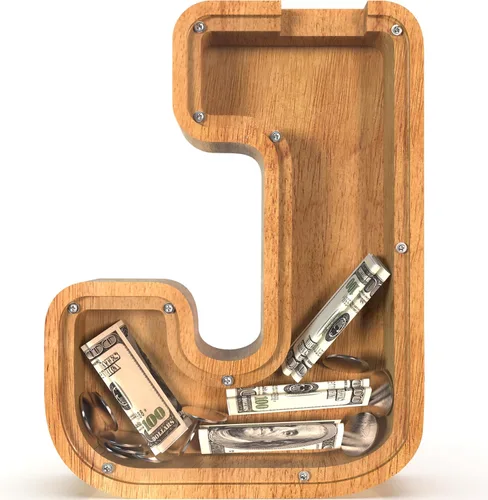 Miniatura 47 de Alcancía para niños y niñas, alcancía grande de madera personalizada con diseño recortado, bancos de monedas con letras del alfabeto, caja de ahorro