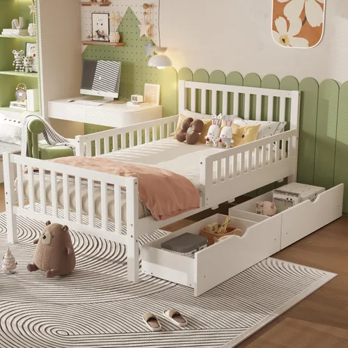 Miniatura 9 de Bellemave Base de cama individual para niños con vallas y 2 cajones, plataforma de madera tamaño individual con barandillas en ambos lados