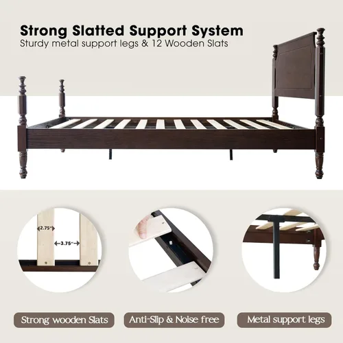 Miniatura 9 de Base de cama de plataforma de madera maciza tamaño King con cabecera y estribo, base de 12 listones fuertes, patas de metal, no necesita somier