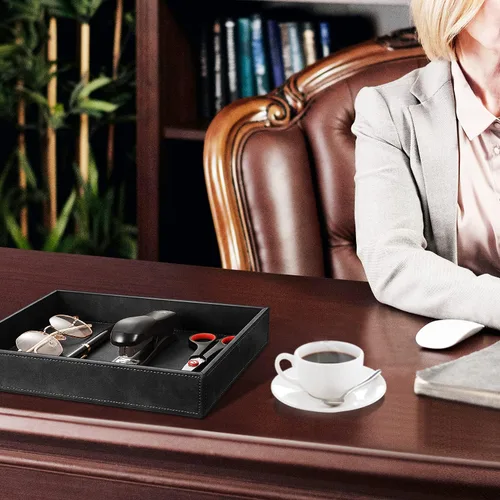Miniatura 3 de SITHON Bandeja organizadora de escritorio, bandeja de cuero sintético, bandeja para mesita de noche, mesita de noche, caja de monedas, organizador
