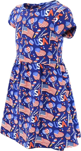 Miniatura 2 de Unique Baby Vestido sin mangas con estampado de bandera patriótico para niñas, Azul, blanco, rojo.