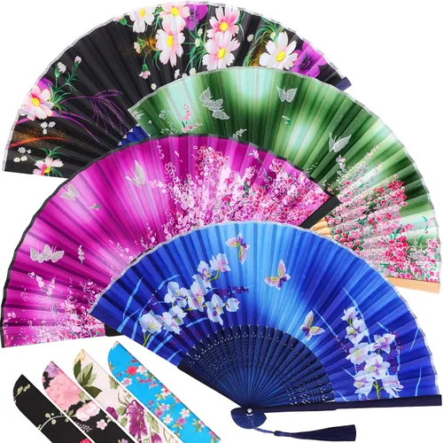 Miniatura 25 de Zonon Paquete de 4 abanicos plegables florales de mano, abanicos de bambú de seda con borla para mujer, ventilador plegable de mano ahuecado
