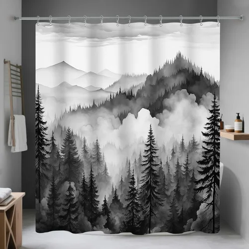 Miniatura 12 de Cortina de ducha pequeña de 36 x 72 pulgadas, cortina de medio tamaño de bosque brumoso, cortina de ducha estrecha mitad negra y blanca de montaña