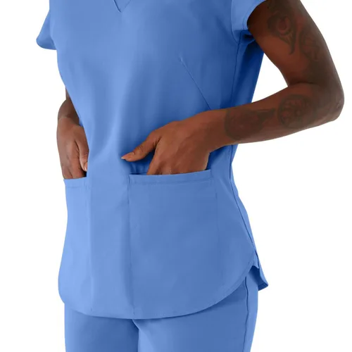 Miniatura 4 de ave. Camiseta médica Monroe con cuello en V y dos bolsillos para mujer, color azul Ceil, talla M