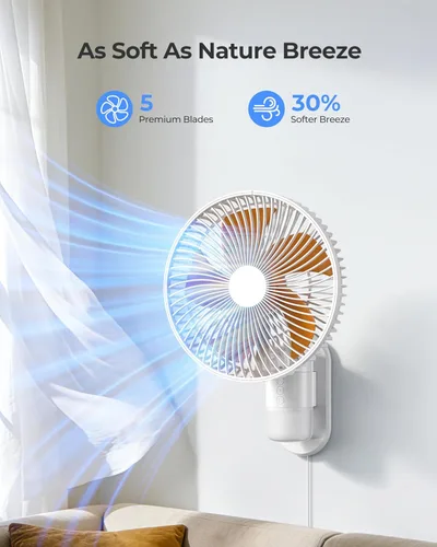 Miniatura 8 de Airbition Ventilador pequeño de montaje en pared de 10 pulgadas con luz y control remoto, oscilación de 90°, 4 velocidades, temporizador, inclinado