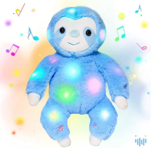 Hopearl Perezoso de peluche con luces LED y música, perezoso de tres dedos flexible de felpa, con luces de noche que brillan en la oscuridad, para