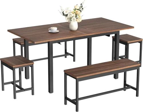 Miniatura 8 de GarveeHome juego de mesa de comedor de 5 piezas para 4-8 personas, mesa de cocina grande extensible de 63 pulgadas con 2 bancos y 2 taburetes Marrón