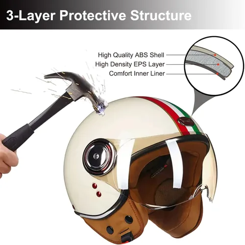 Miniatura 3 de Casco de motocicleta aprobado por el DOT, casco retro 3/4 de cara abierta con visera, casco vintage para scooter para mujeres y hombres adultos
