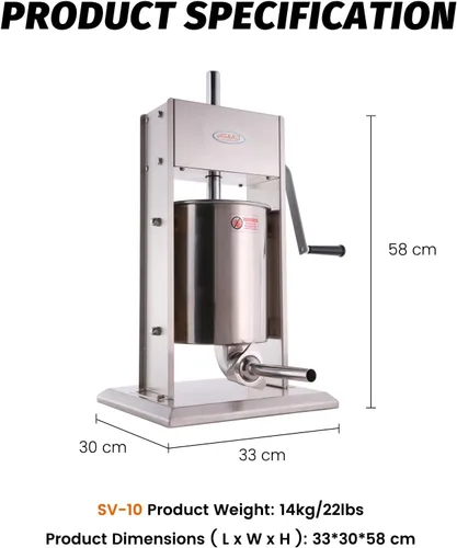 Miniatura 7 de Hakka - Llenador de carne vertical de acero inoxidable de 22 libras (10 L)