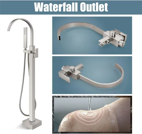 Miniatura 3 de Aolemi Llenador de bañera independiente de níquel cepillado para montaje en el suelo, grifo de bañera de baño cascada de latón con boquilla