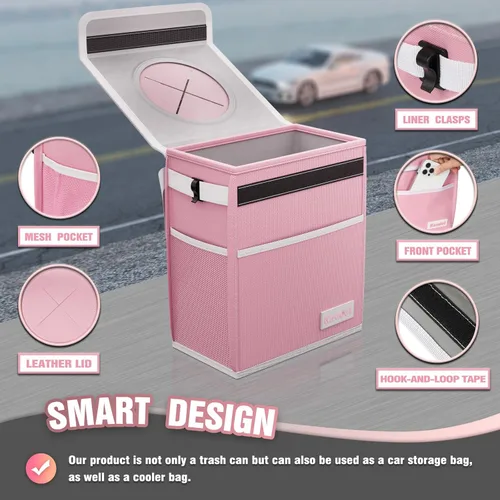 Miniatura 3 de K KNODEL Basurero impermeable para automóvil con tapa, bolsa de basura a prueba de fugas, contenedor colgante para mujeres (rosa, mediano)