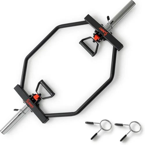 Sunny Health & Fitness - Barra de mancuerna hexagonal olímpica para entrenamiento de fuerza, alta capacidad de carga, asas giratorias, clips de