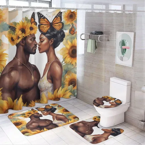 Miniatura 2 de Juego de 3 tapetes de baño de amor romántico para parejas afroamericanas, juego de 3 tapetes de baño para baño, cubierta lavable, decoración