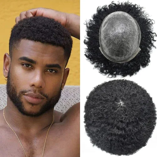 Miniatura 10 de Afro Curl Toupee para hombres unidades de cabello humano real para hombres negros inyectados PU tupé afroamericano para hombre postizo de pelo