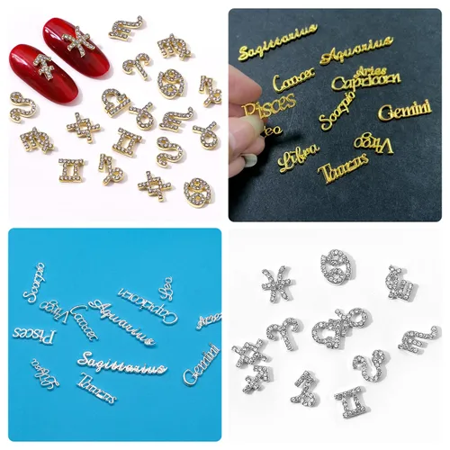 Miniatura 5 de Juego de 48 piezas de dijes de aleación de oro y plata del zodiaco, signos del zodiaco, constelación, palabras para uñas, conjunto de doce 48 dijes
