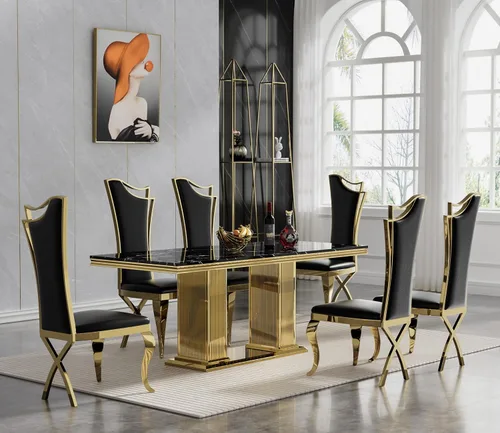 Miniatura 12 de Juego de mesa de comedor de mármol negro de lujo para 4, mesa de cocina dorada de 70 pulgadas y 4 sillas de cuero negro, juego de 5 mesas de comedor