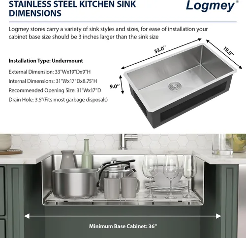 Miniatura 4 de Logmey Fregadero de cocina de montaje inferior de 33 pulgadas 33x19 Fregaderos de acero inoxidable SUS304 calibre 16 hechos a mano de un solo