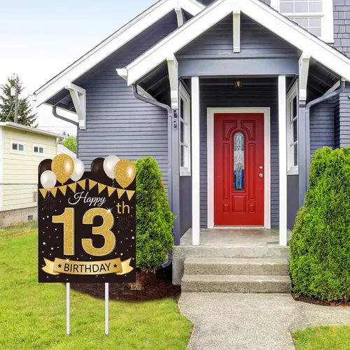 Miniatura 7 de Letrero grande de patio para fiesta de feliz cumpleaños número 13, negro dorado, letreros de patio de cumpleaños 13 con estacas y decoraciones