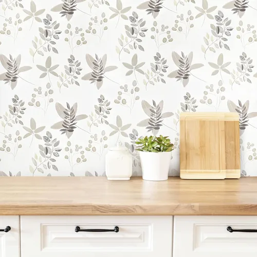 Miniatura 9 de Caltero Papel tapiz floral beige para despegar y pegar, papel tapiz de hojas de eucalipto de oliva de 17.3 pulgadas, 98.4 pies, papel de contacto
