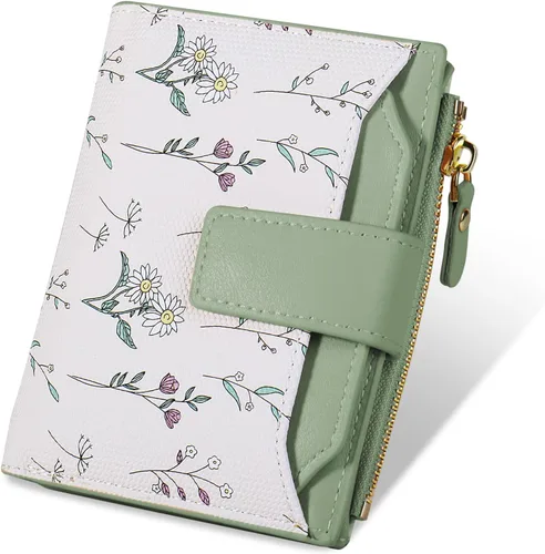 Miniatura 11 de Cartera Pequeña para Mujer - Cuero Suave con Bloqueo RFID Bifold con Cremallera para Tarjetas de Crédito - Cartera con Patrón Floral con Ventana