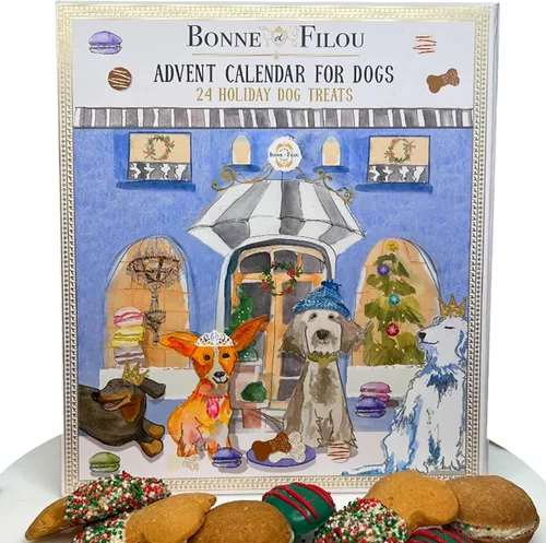 Miniatura 10 de Bonne et Filou - Bocadillos navideños para perros, caja de regalo gourmet de lujo, 18 macarrones diseñados a mano, trufas y galletas de hueso