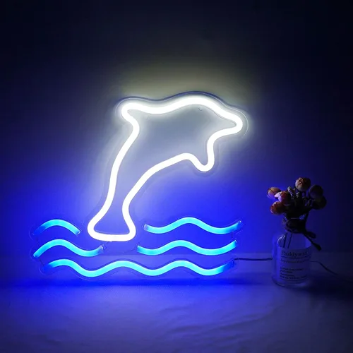 Letrero de neón grande de delfín, luz LED de neón de delfín, luz nocturna alimentada por USB para niños, sala de estar, oficina, bar, restaurante,
