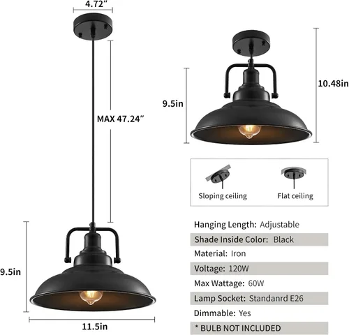 Miniatura 2 de Lámpara colgante negra de 12.5 pulgadas, paquete de 3 unidades, luz colgante de granja, iluminación colgante industrial, luces colgantes de cocina