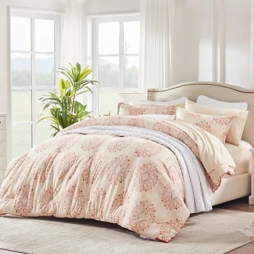 Miniatura 8 de SLEEP ZONE - Juego de edredón con patrón damasco beige tamaño twin XL, cama en una bolsa - transpirable, 5 piezas con 1 edredón (68x88), 1 sábana