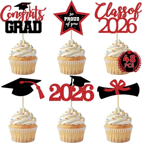 48 adornos para cupcakes de graduación, 6 estilos con purpurina, decoraciones de graduación en negro y rojo 2026, tapas y palillos para pasteles de
