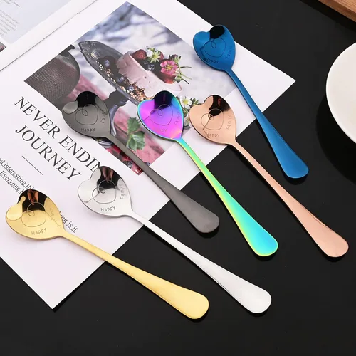 Miniatura 2 de JASHII 8 cucharaditas de acero inoxidable con forma de corazón negro brillante, cucharas de café de postre, cuchara de amor, cuchara mezcladora