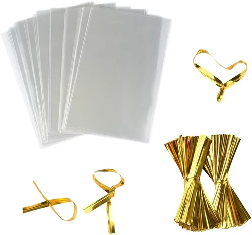 FUNNYARD 200 bolsas transparentes de celofán para golosinas de celofán de 4 x 6 pulgadas con lazos giratorios de 4 pulgadas para regalo de boda,