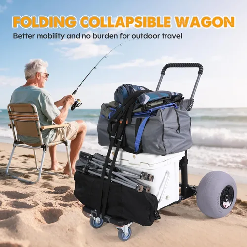 Miniatura 6 de Carrito de playa Carro de pesca plegable con ruedas de globo de 12 pulgadas para arena todo terreno
