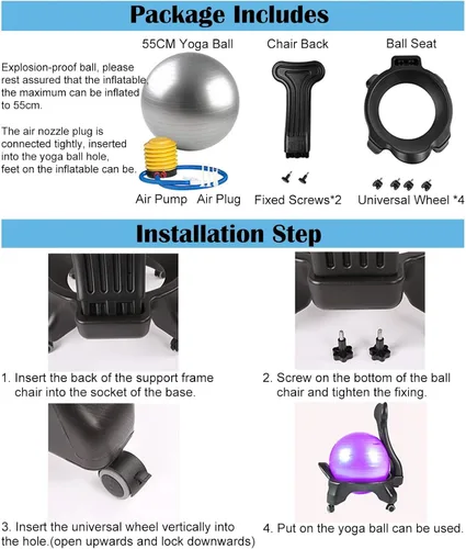 Miniatura 6 de Silla ergonómica de oficina, bola de yoga negra y kit de base, silla de bola de estabilidad de 21.6 pulgadas para sentarse prolongado/inquieto