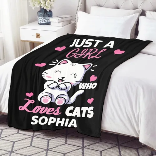 Miniatura 4 de Manta personalizada con texto en inglés «Just Girl Loves Cats», añade tu propio nombre, mantas de franela personalizadas para niños, perros y gatos