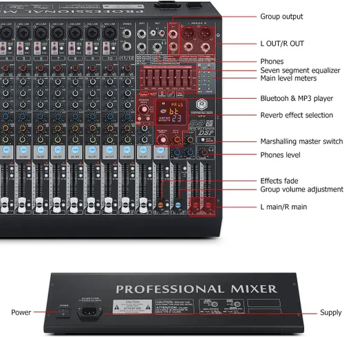 Miniatura 7 de W IN-MIX DX12 Mezclador de Audio Profesional DJ de 12 Canales con 99 Efectos DSP, EQ de 7 Bandas, Alimentación Fantasma Independiente de 48V y Botón