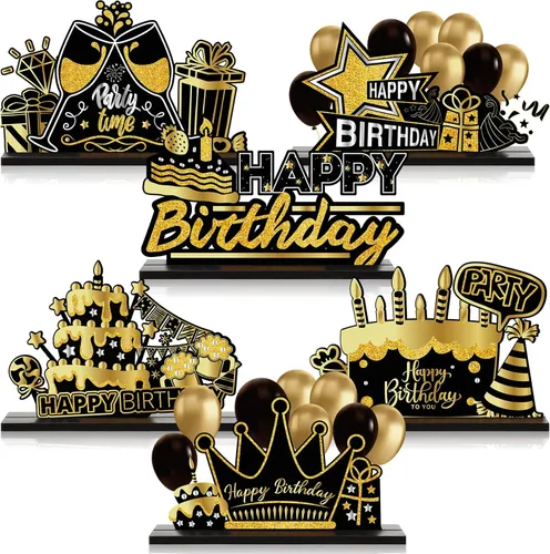 Leinuosen 6 piezas de centro de mesa de feliz cumpleaños, negro y dorado, letrero de madera para decoración de fiesta para mujeres y hombres,