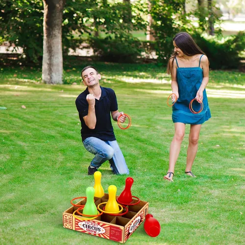 Miniatura 3 de Wettarn Juego de lanzamiento de botellas de carnaval, incluye una caja de boletos de circo, 6 botellas de plástico y 6 anillos de tiro para verano