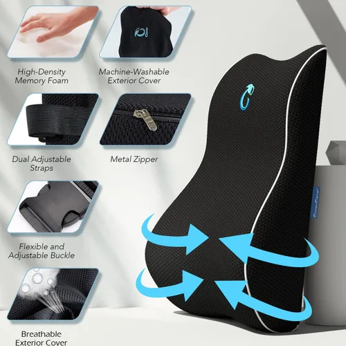 Miniatura 3 de Almohada de apoyo lumbar para silla de oficina y asiento de automóvil, cojín ergonómico de espuma viscoelástica con correas ajustables dobles, malla