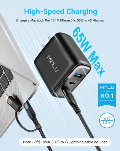 Miniatura 2 de MINLU GaN - Bloque de cargador USB C de 65 W, cargador de pared compacto de 3 puertos tipo C con cable USB-C/L 2 en 1 de 6 pies, 100 W, carga rápida