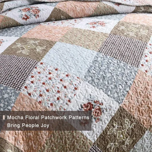 Miniatura 5 de Homcosan - Juego de colchas para cama tamaño King (98x106 pulgadas), diseño reversible de retazos florales en moka, colcha ligera para todas