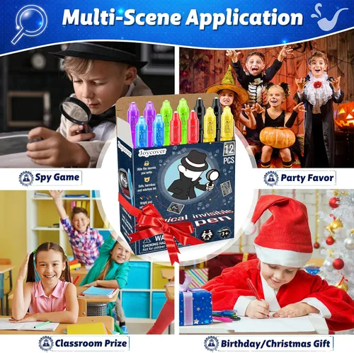 Miniatura 7 de Joycover 12 bolígrafos de tinta invisible con luz UV para niños, bolígrafos espía y cuaderno, recuerdos de fiesta de cumpleaños para niños de 4 a 8