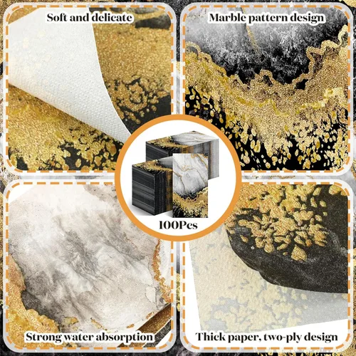 Miniatura 6 de Geyoga 100 servilletas de mármol desechables de 2 capas para invitados, toallas de mano marmoleadas negras y doradas, para el hogar, baño, cocina
