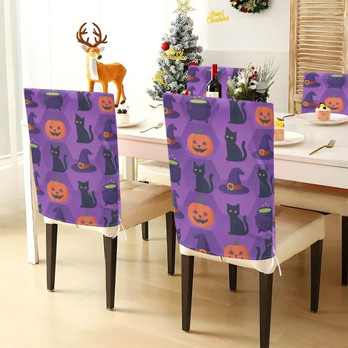 Miniatura 3 de Seat Covers for Dining Room Chairs for Family Gatherings (Scenario) Set of 2 Washable Dining Chair Cover Halloween Pattern Black Cats Pumpkin Purple