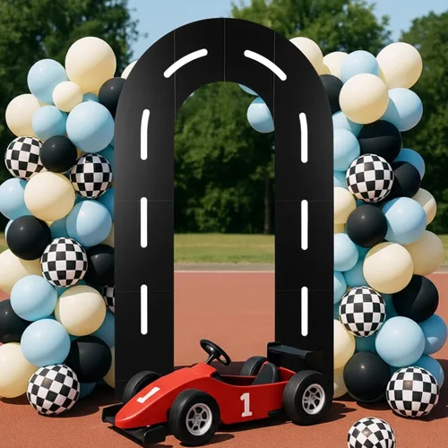 Miniatura 8 de Zhanmai Decoración de fondo para fiesta de carreras, soporte de arco de pista de carreras en forma de U con bolsa de agua ponderada, juego de tabla