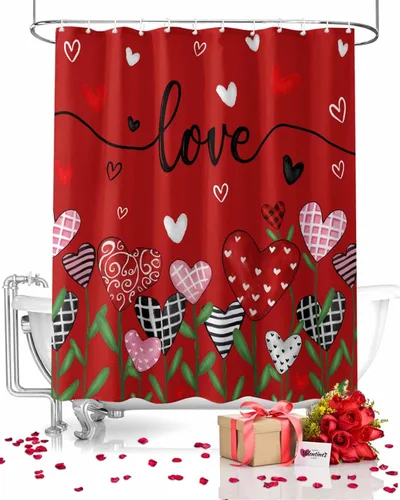 Miniatura 2 de Cortinas de ducha feliz día de San Valentín para baño gnomos, cortina de ducha de tela con ganchos, juego de cortina de ducha con corazones